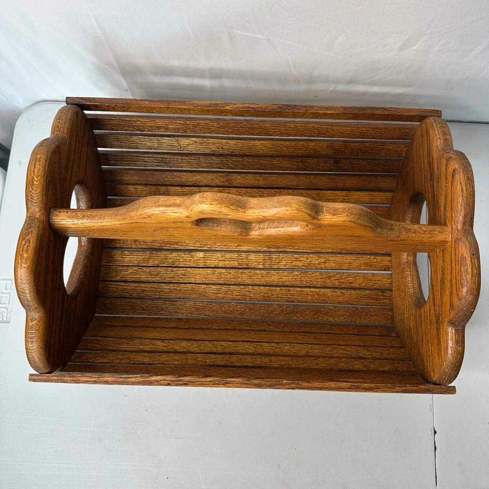 Hale Woodworking Vintage Oak Wood Magazine Rack Heart Handle Slatted Book Caddy